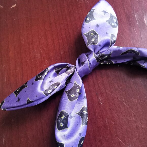 Purple Satin Kerchief Style Bow Headband W/ Black Cat Print - CUTE! - Picture 2 of 5